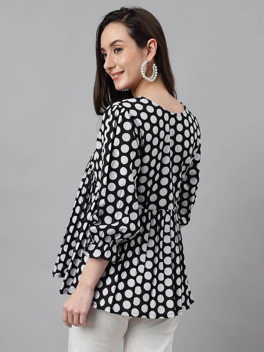Women's Black Cotton Polka Print Peplum Top