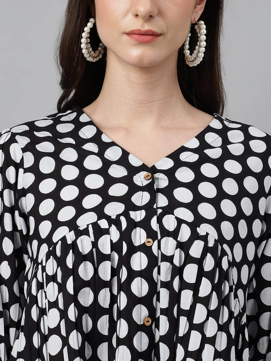 Women's Black Cotton Polka Print Peplum Top