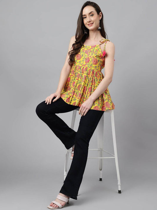 Yellow Cotton Floral Print Peplum Top