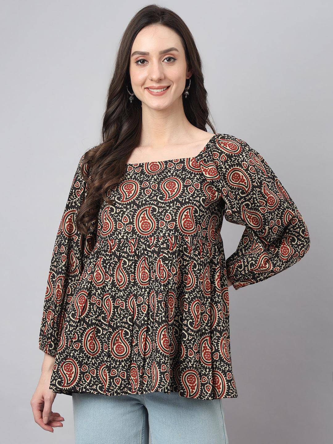 Black Cotton Paisley Print Gathered Top