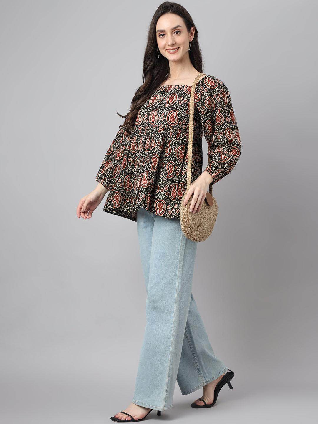 Black Cotton Paisley Print Gathered Top