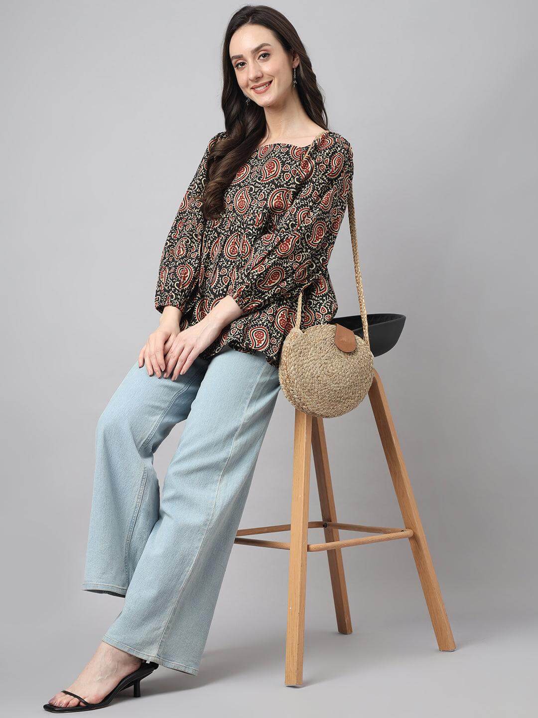 Black Cotton Paisley Print Gathered Top