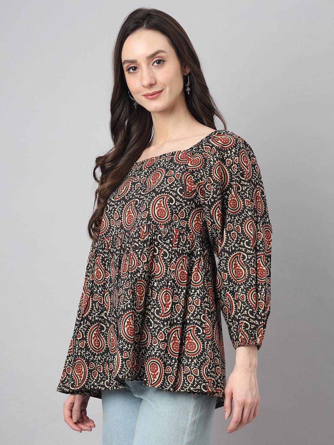 Black Cotton Paisley Print Gathered Top