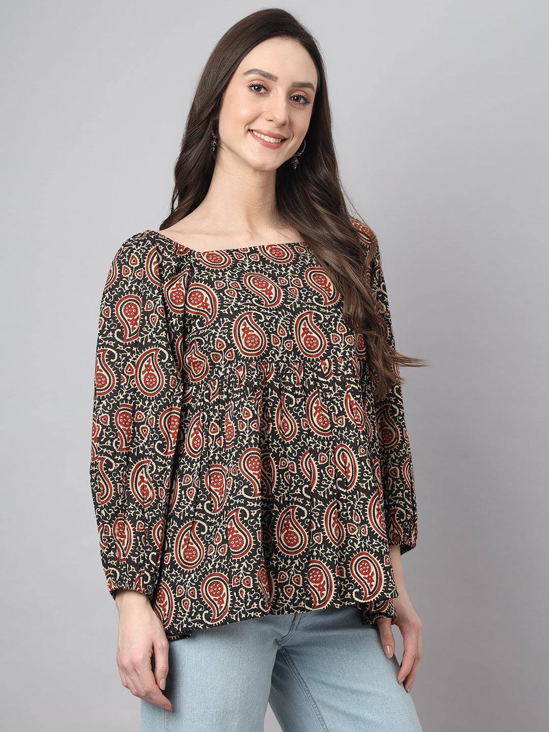 Black Cotton Paisley Print Gathered Top