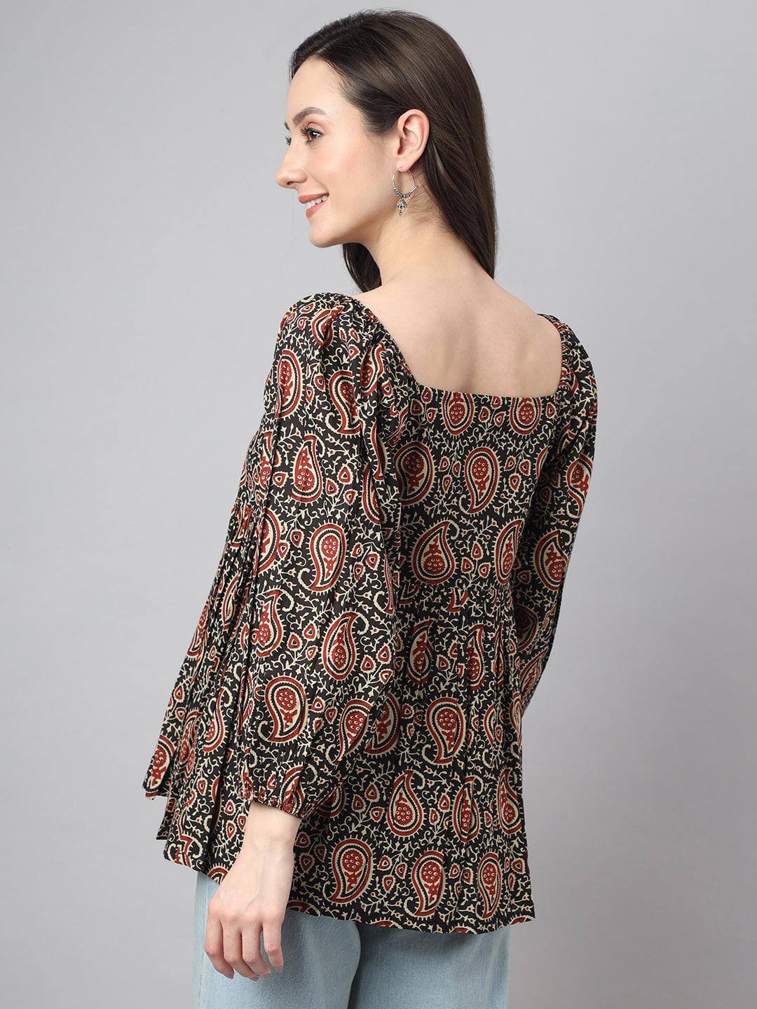 Black Cotton Paisley Print Gathered Top