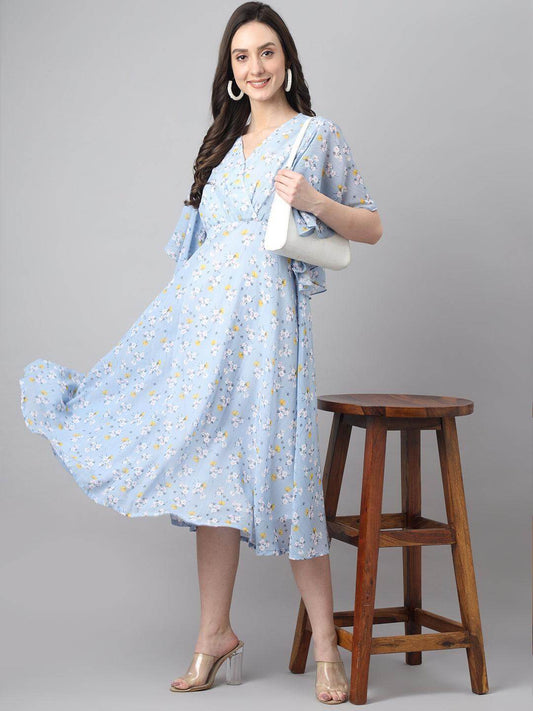 Women's Blue Georgette Floral Print Flared Western Dress