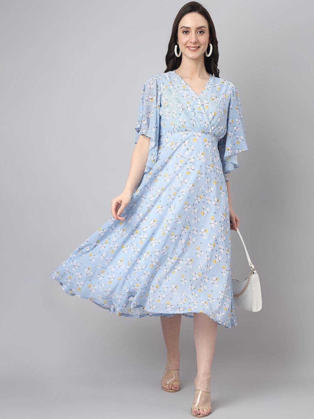Women's Blue Georgette Floral Print Flared Western Dress