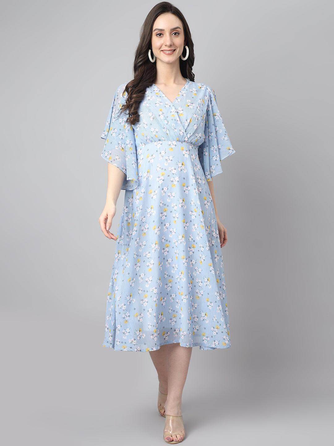 Women's Blue Georgette Floral Print Flared Western Dress