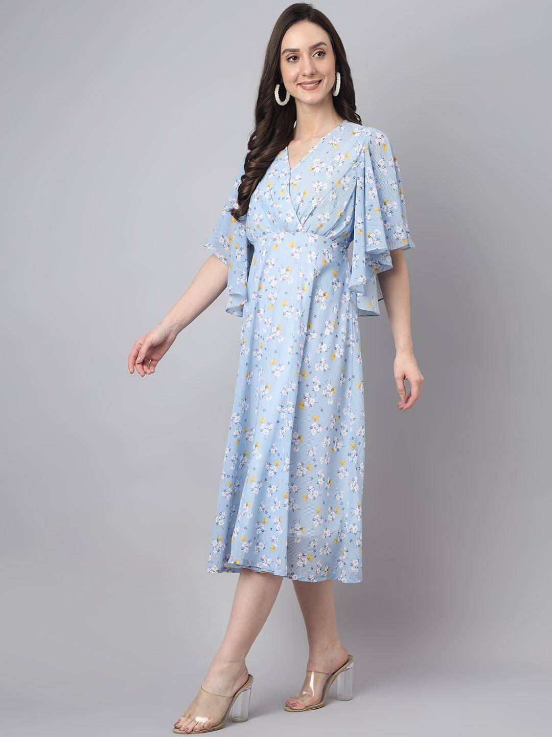 Women's Blue Georgette Floral Print Flared Western Dress