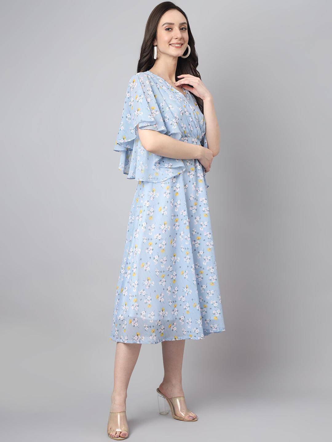 Women's Blue Georgette Floral Print Flared Western Dress