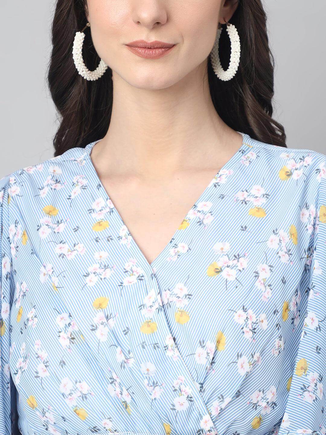 Women's Blue Georgette Floral Print Flared Western Dress