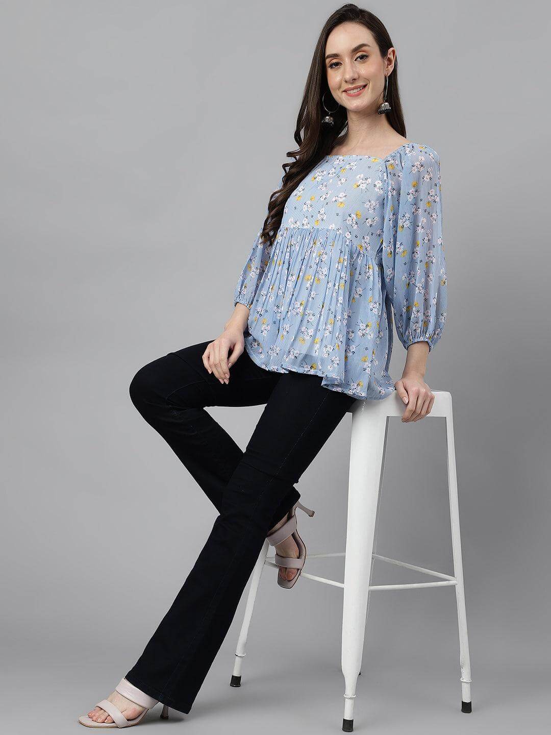 Women's Blue Georgette Floral Print Peplum Top