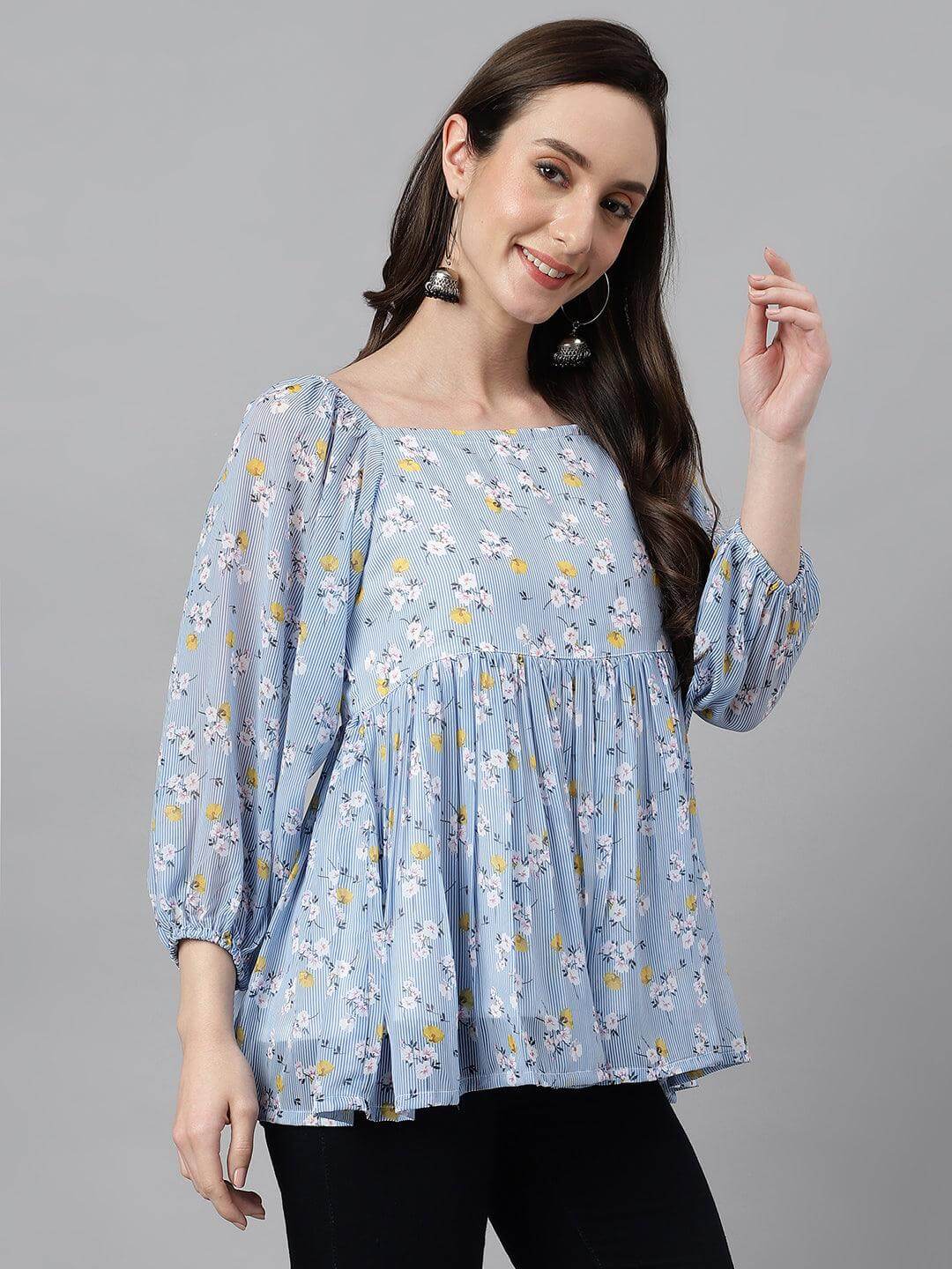 Women's Blue Georgette Floral Print Peplum Top