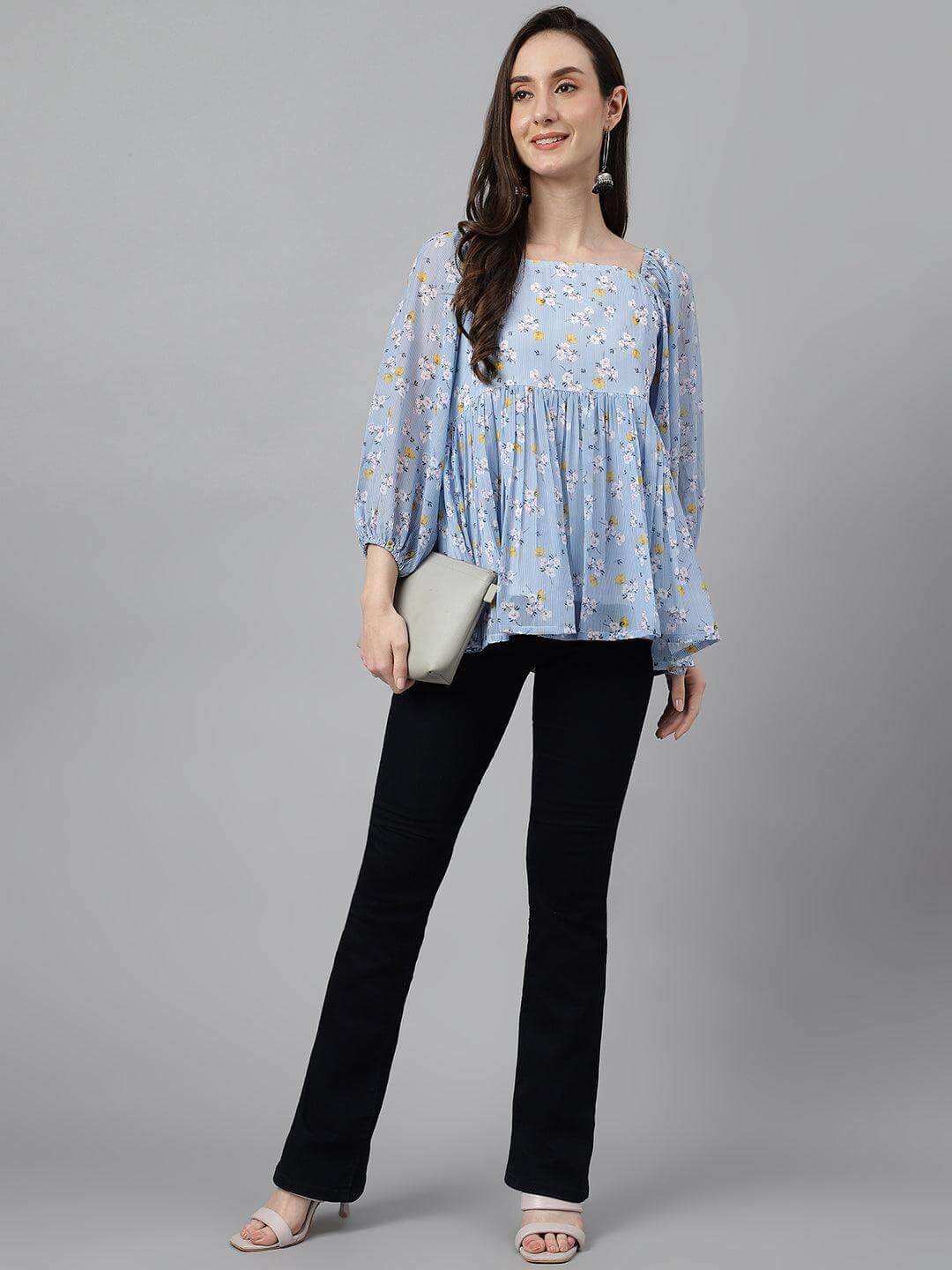 Women's Blue Georgette Floral Print Peplum Top