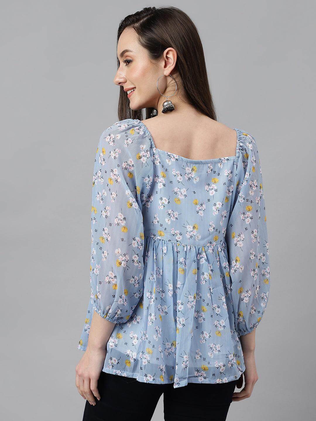 Women's Blue Georgette Floral Print Peplum Top