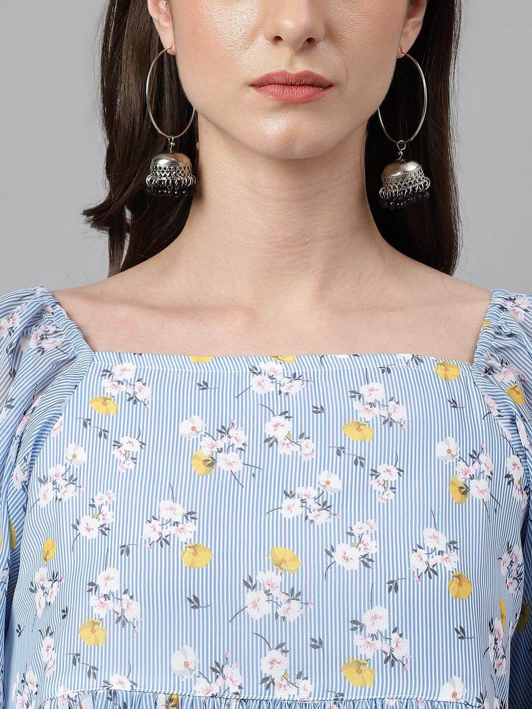 Women's Blue Georgette Floral Print Peplum Top
