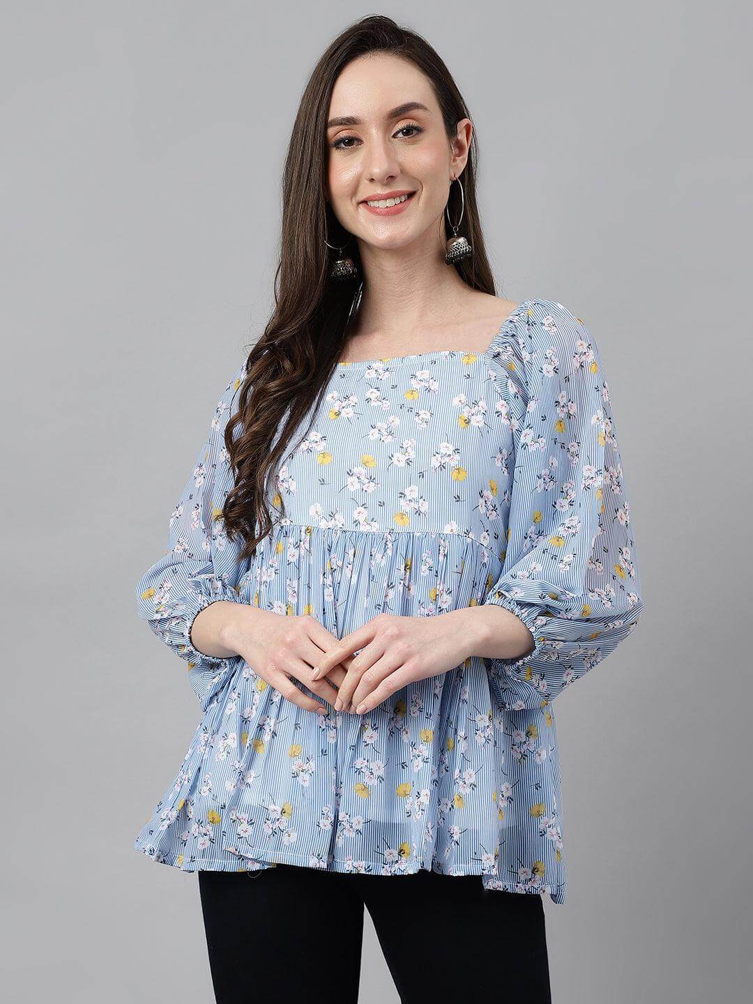 Women's Blue Georgette Floral Print Peplum Top
