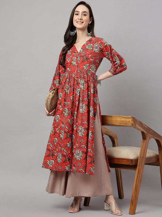 Rust Orange Cotton Floral Print Gathered Kurta