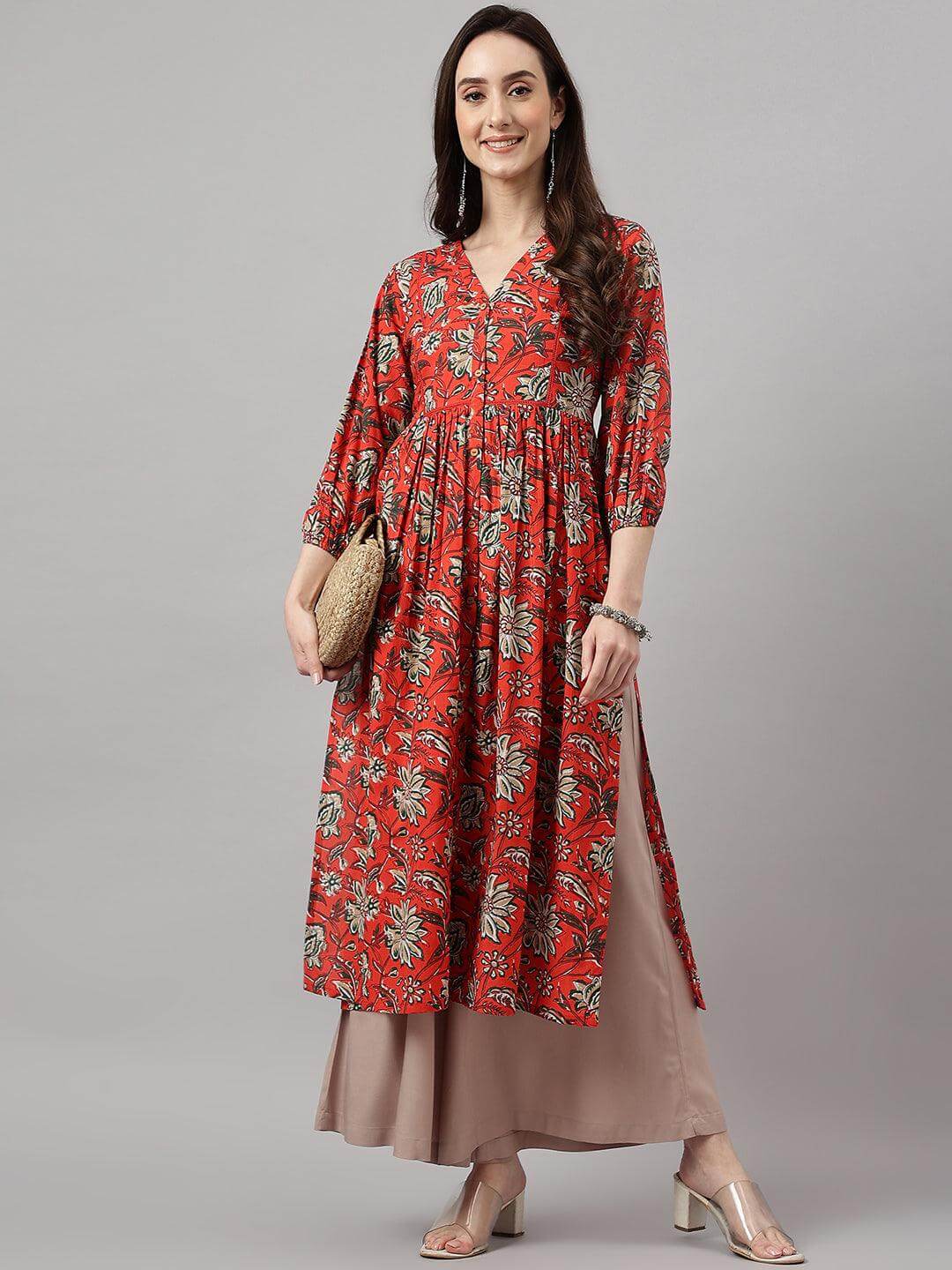 Rust Orange Cotton Floral Print Gathered Kurta