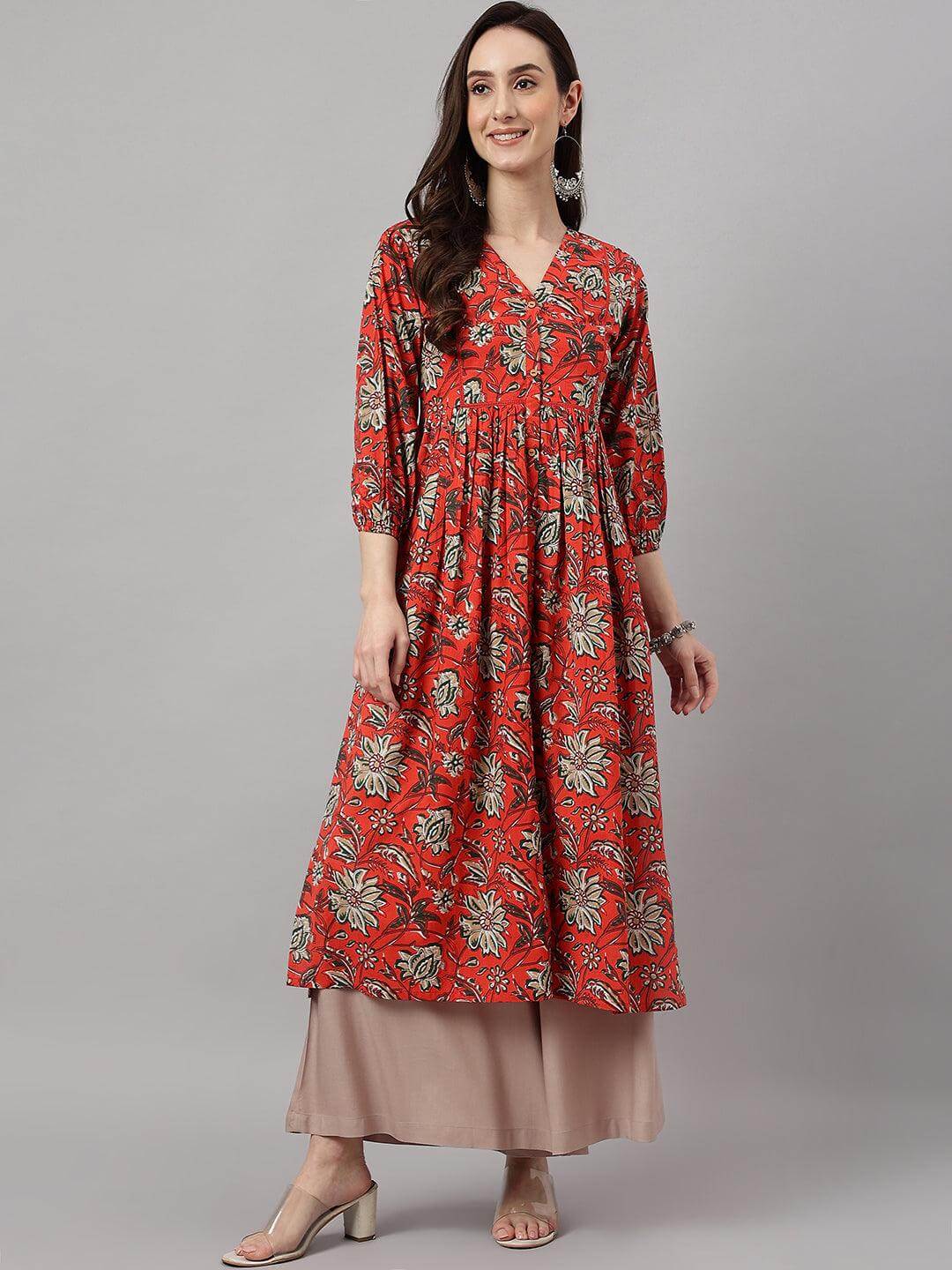 Rust Orange Cotton Floral Print Gathered Kurta