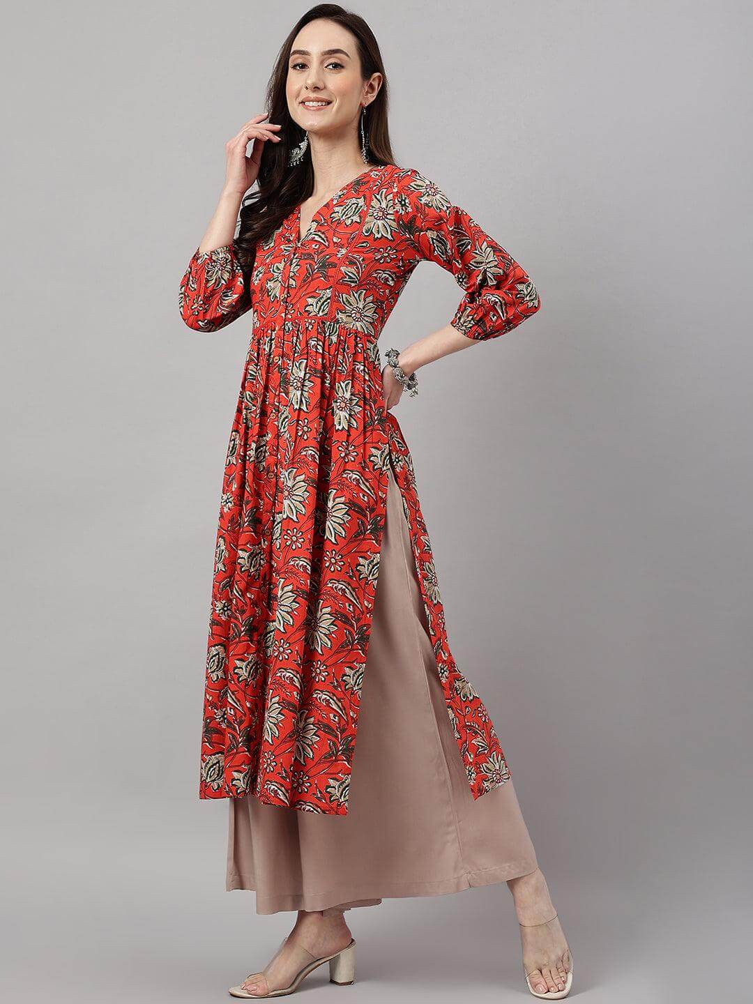 Rust Orange Cotton Floral Print Gathered Kurta
