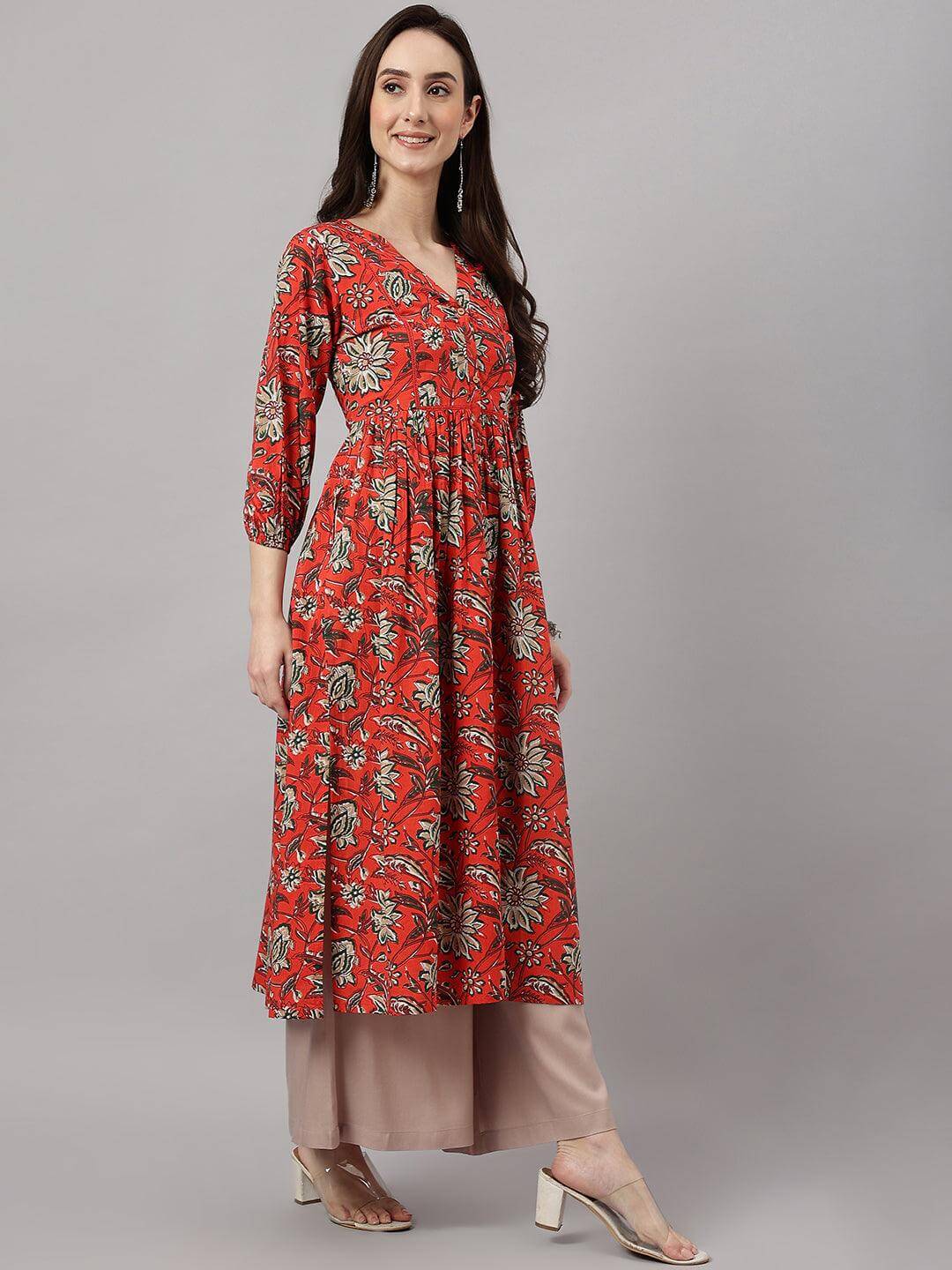 Rust Orange Cotton Floral Print Gathered Kurta