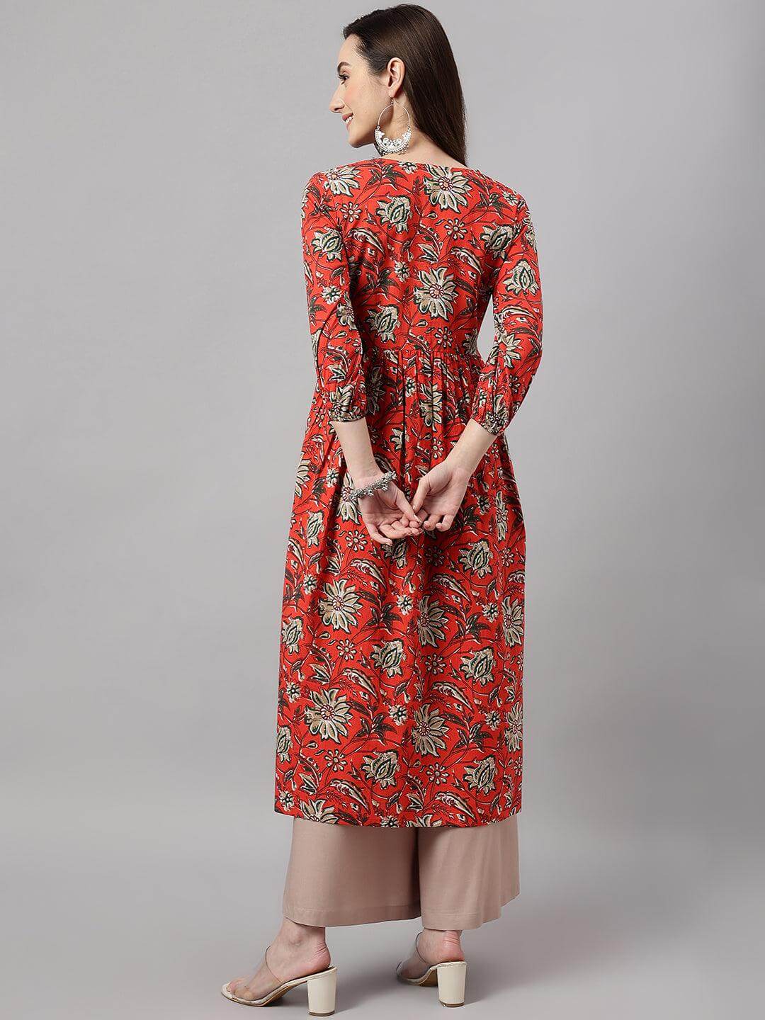 Rust Orange Cotton Floral Print Gathered Kurta