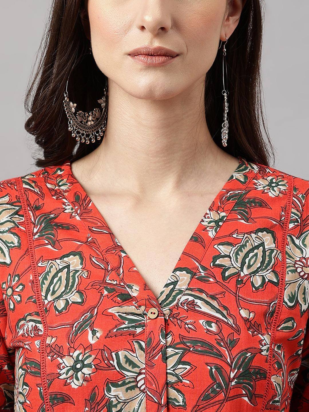 Rust Orange Cotton Floral Print Gathered Kurta