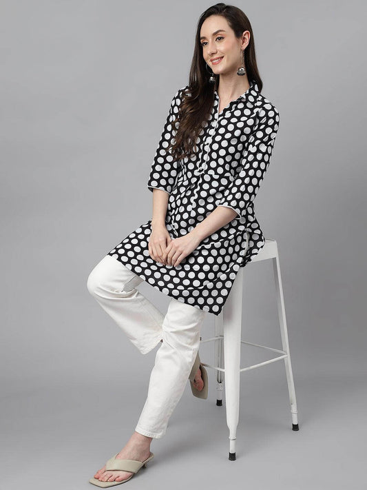 Women's Black Cotton Polka Print A-Line Tunic