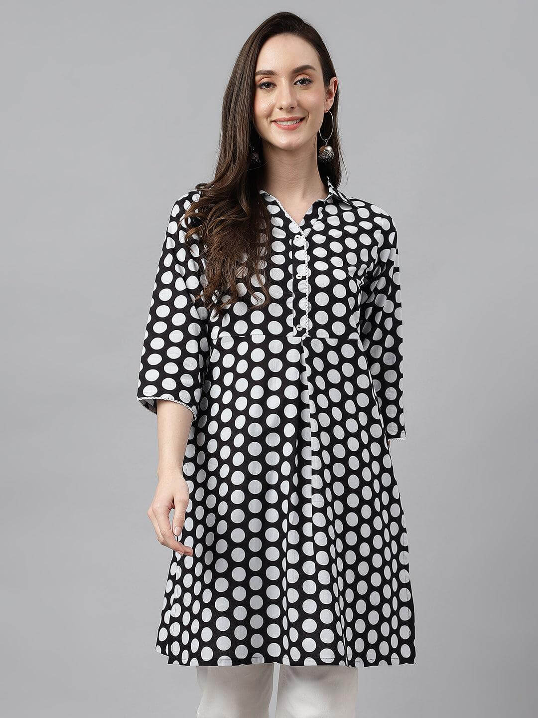 Women's Black Cotton Polka Print A-Line Tunic