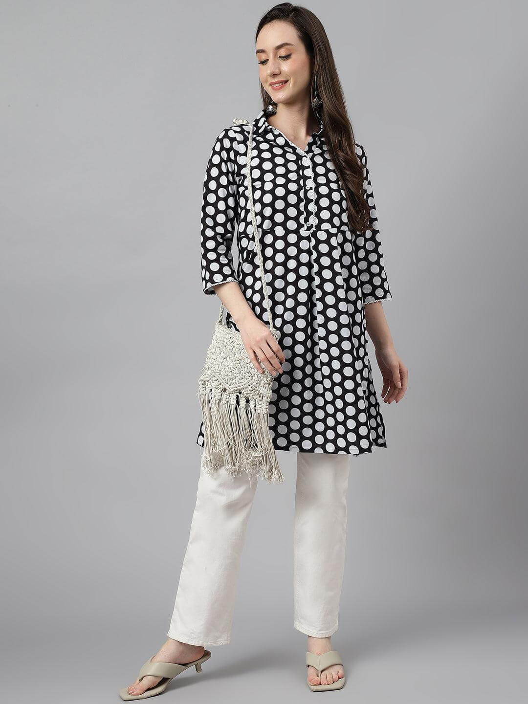 Women's Black Cotton Polka Print A-Line Tunic