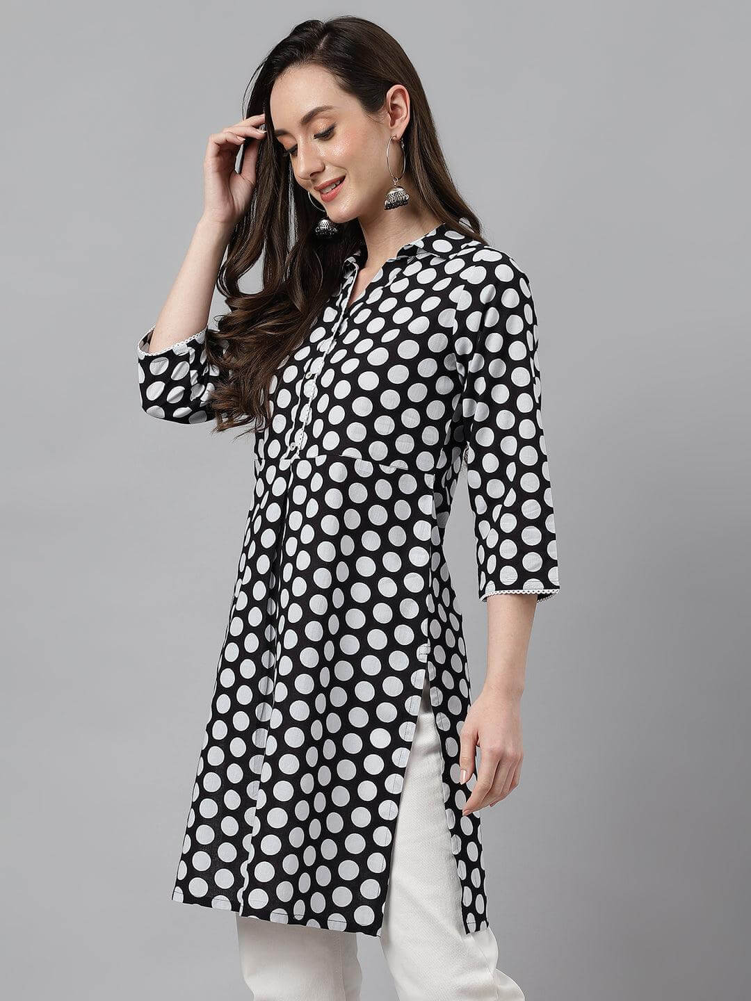 Women's Black Cotton Polka Print A-Line Tunic