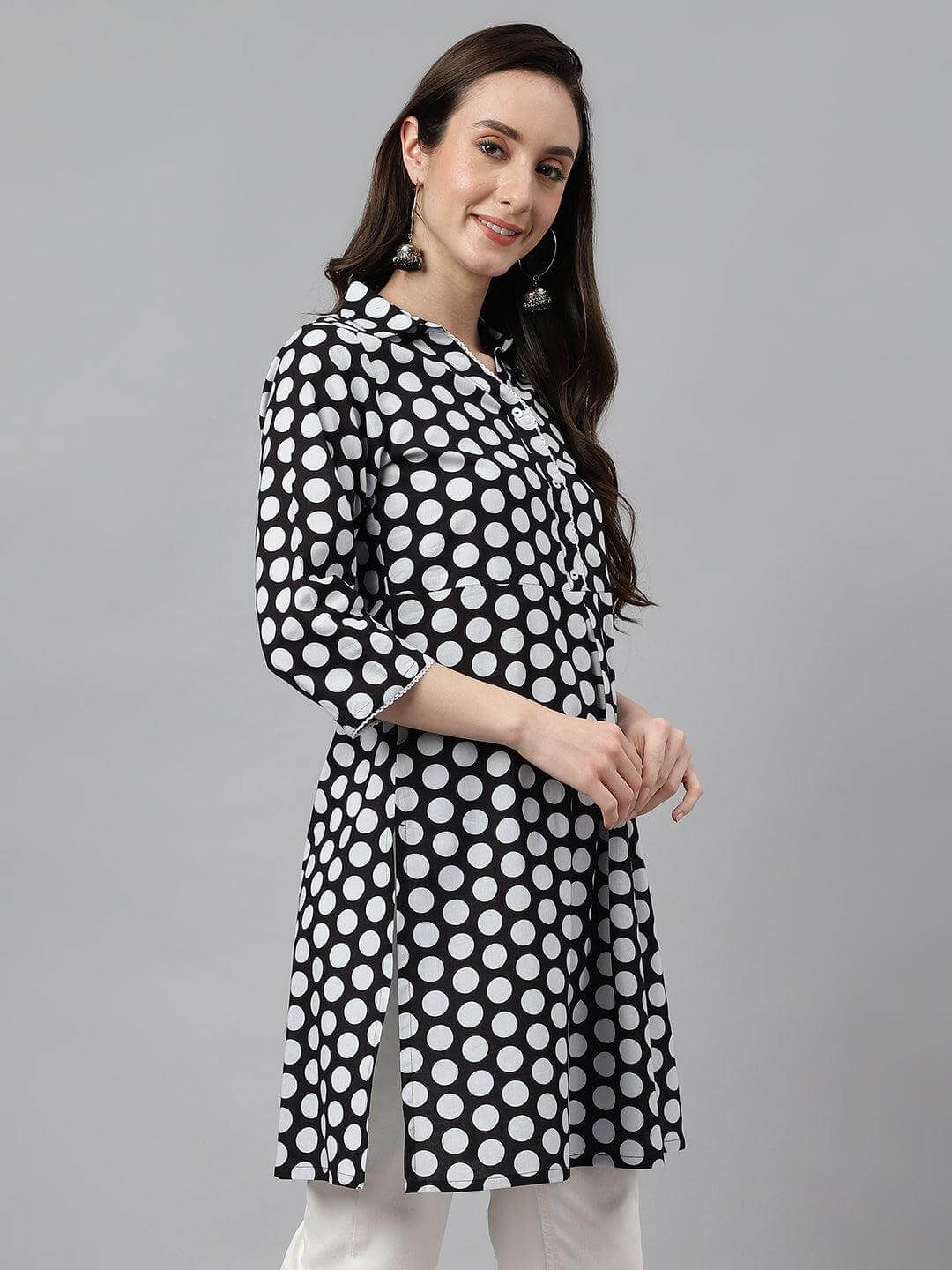 Women's Black Cotton Polka Print A-Line Tunic