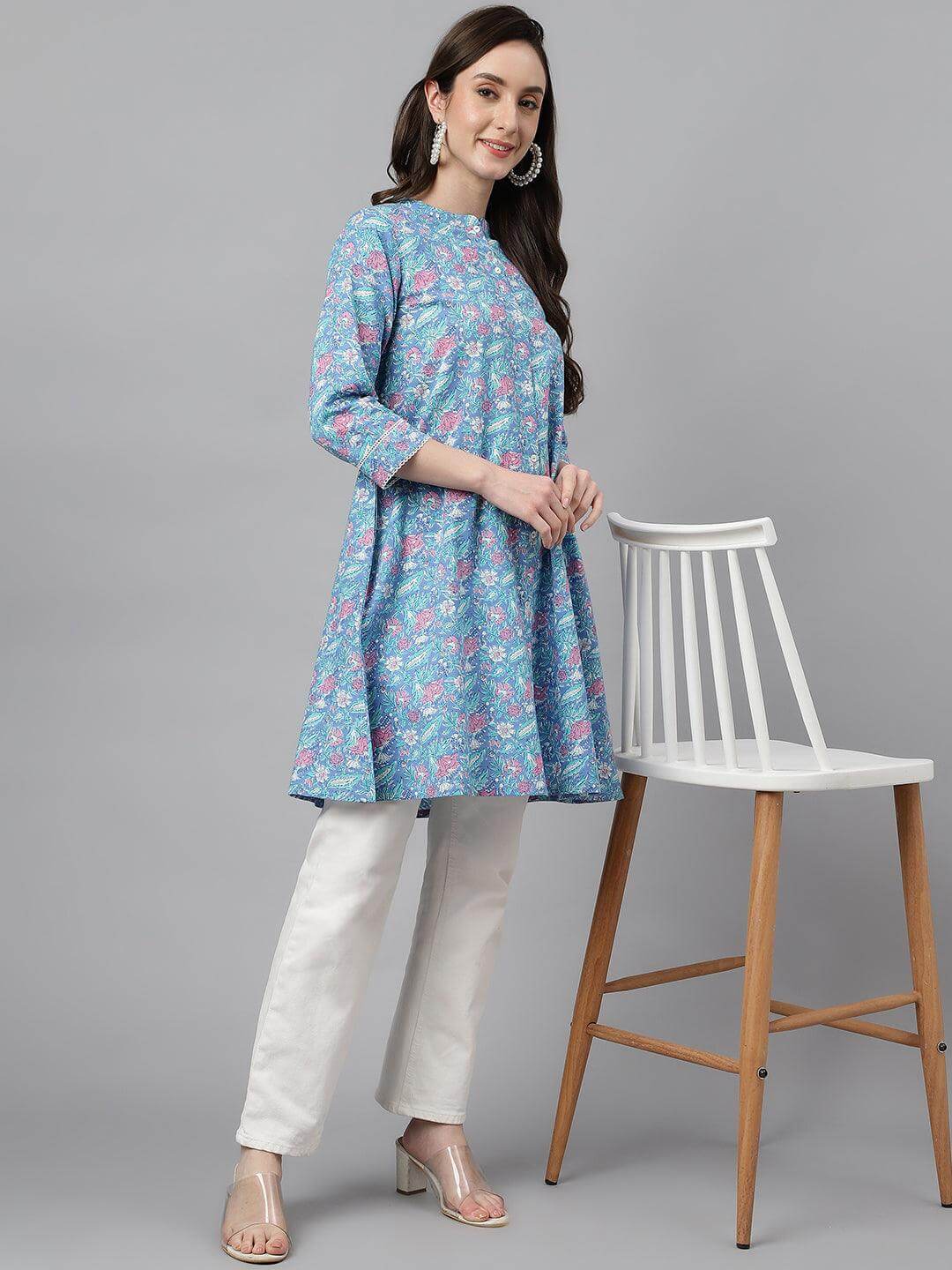 Women's Multicolor Cotton Botanical Print A-Line Tunic