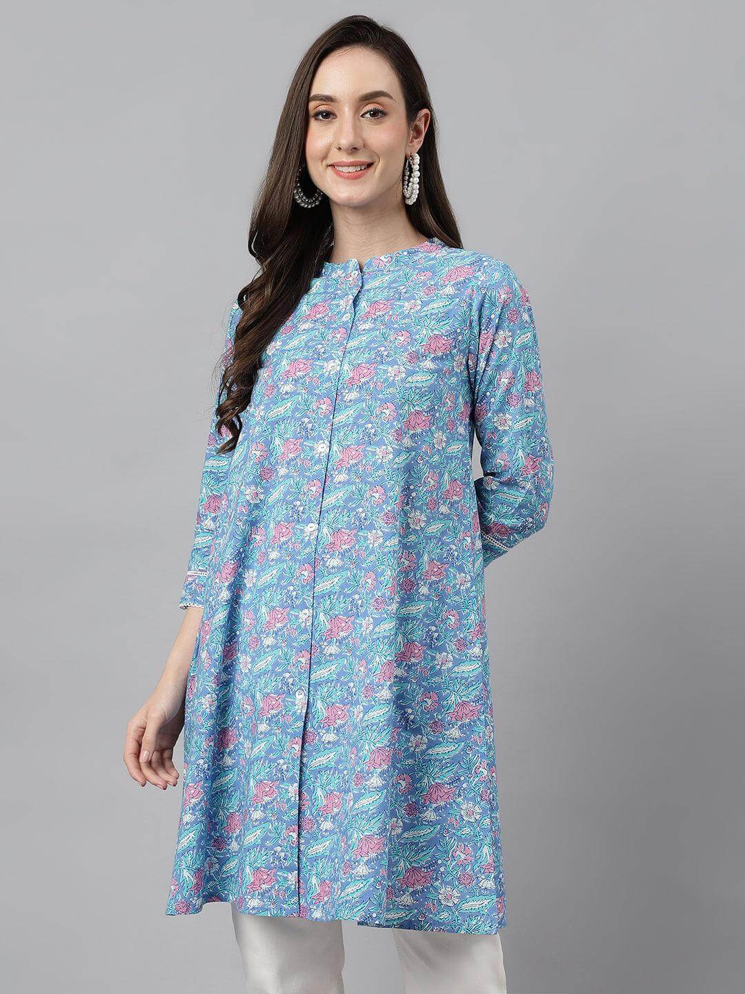 Women's Multicolor Cotton Botanical Print A-Line Tunic