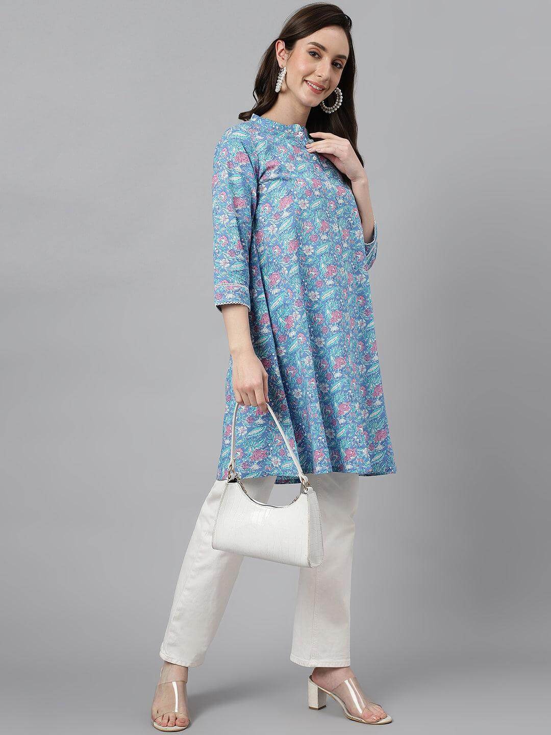 Women's Multicolor Cotton Botanical Print A-Line Tunic