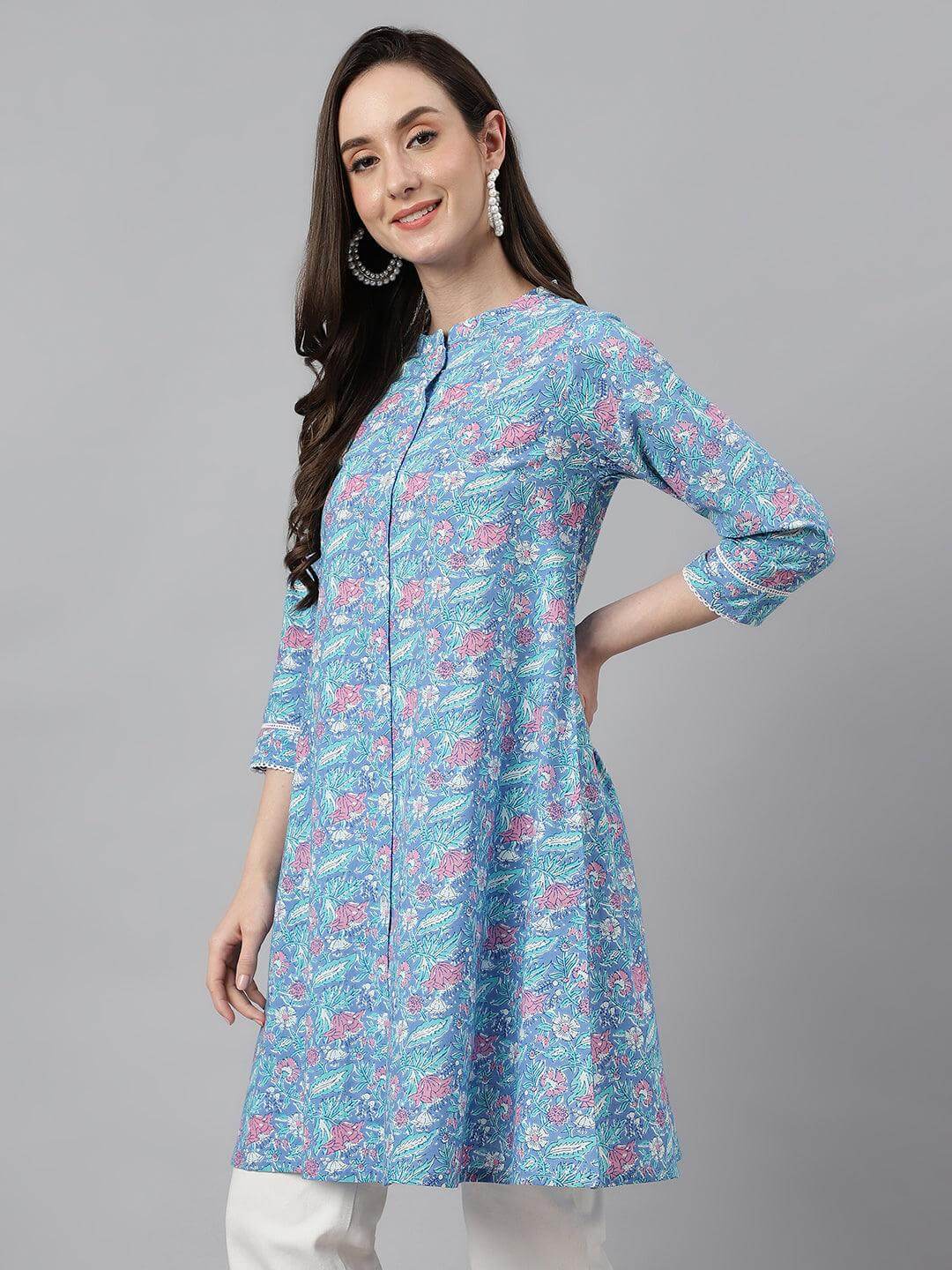 Women's Multicolor Cotton Botanical Print A-Line Tunic