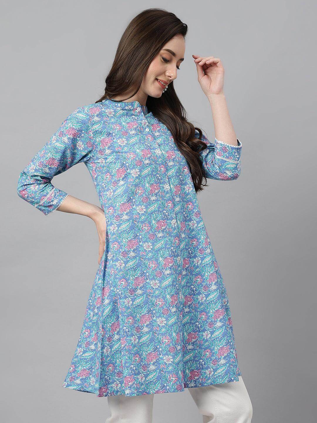 Women's Multicolor Cotton Botanical Print A-Line Tunic