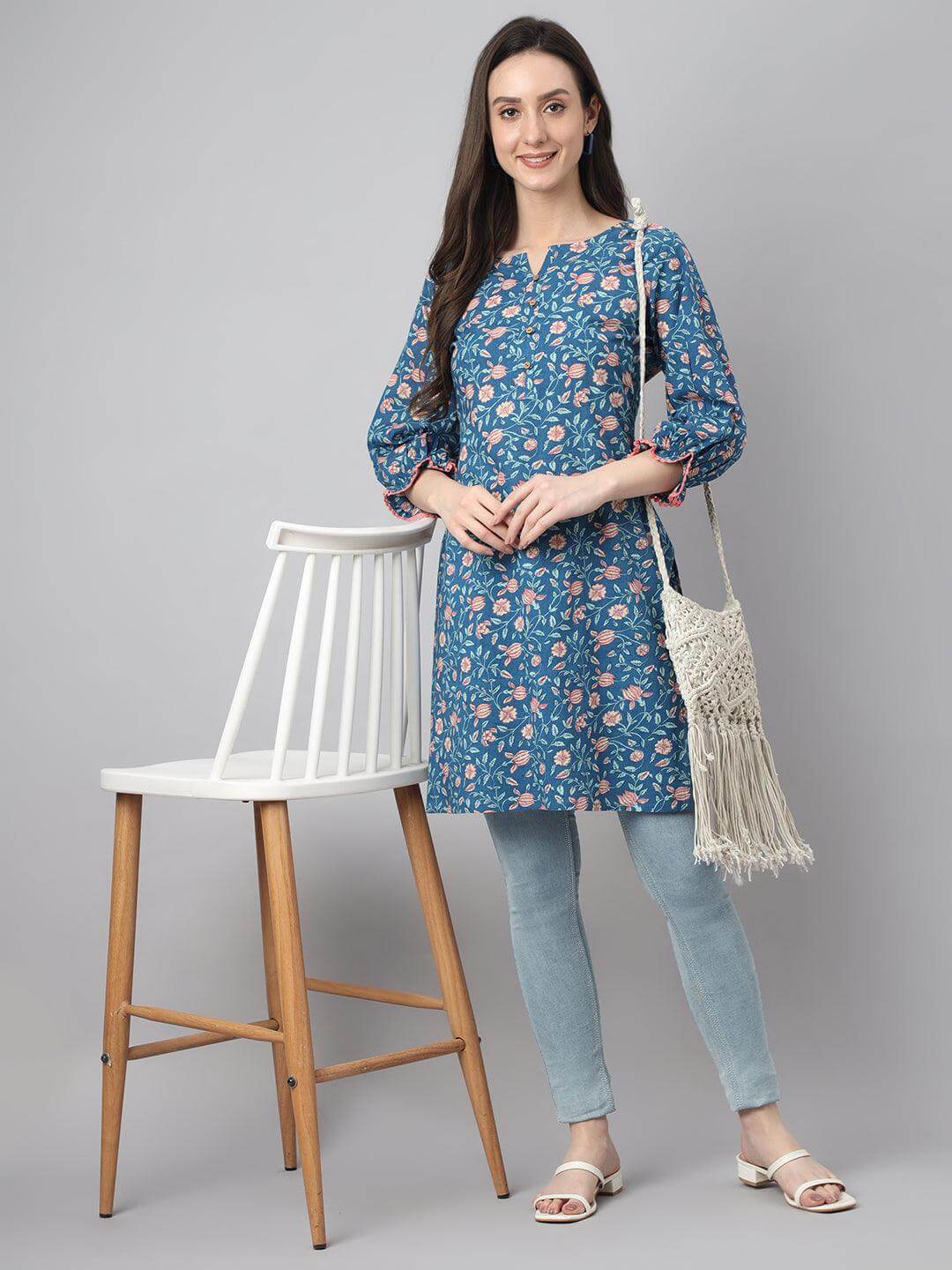 Blue Cotton Floral Print Regular Tunic