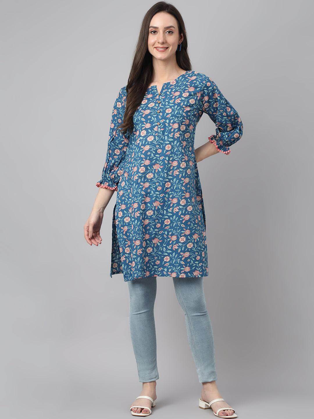 Blue Cotton Floral Print Regular Tunic