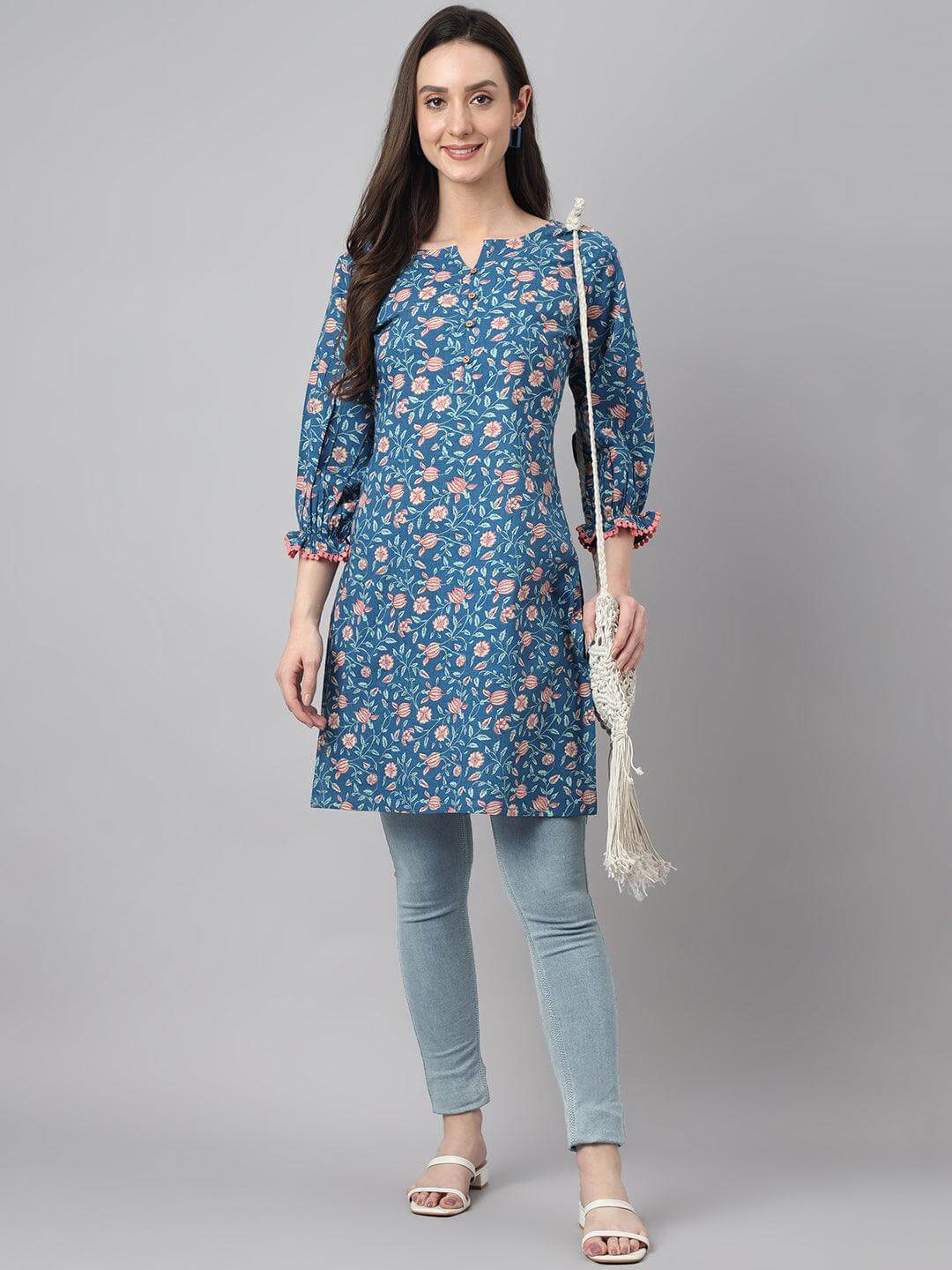 Blue Cotton Floral Print Regular Tunic