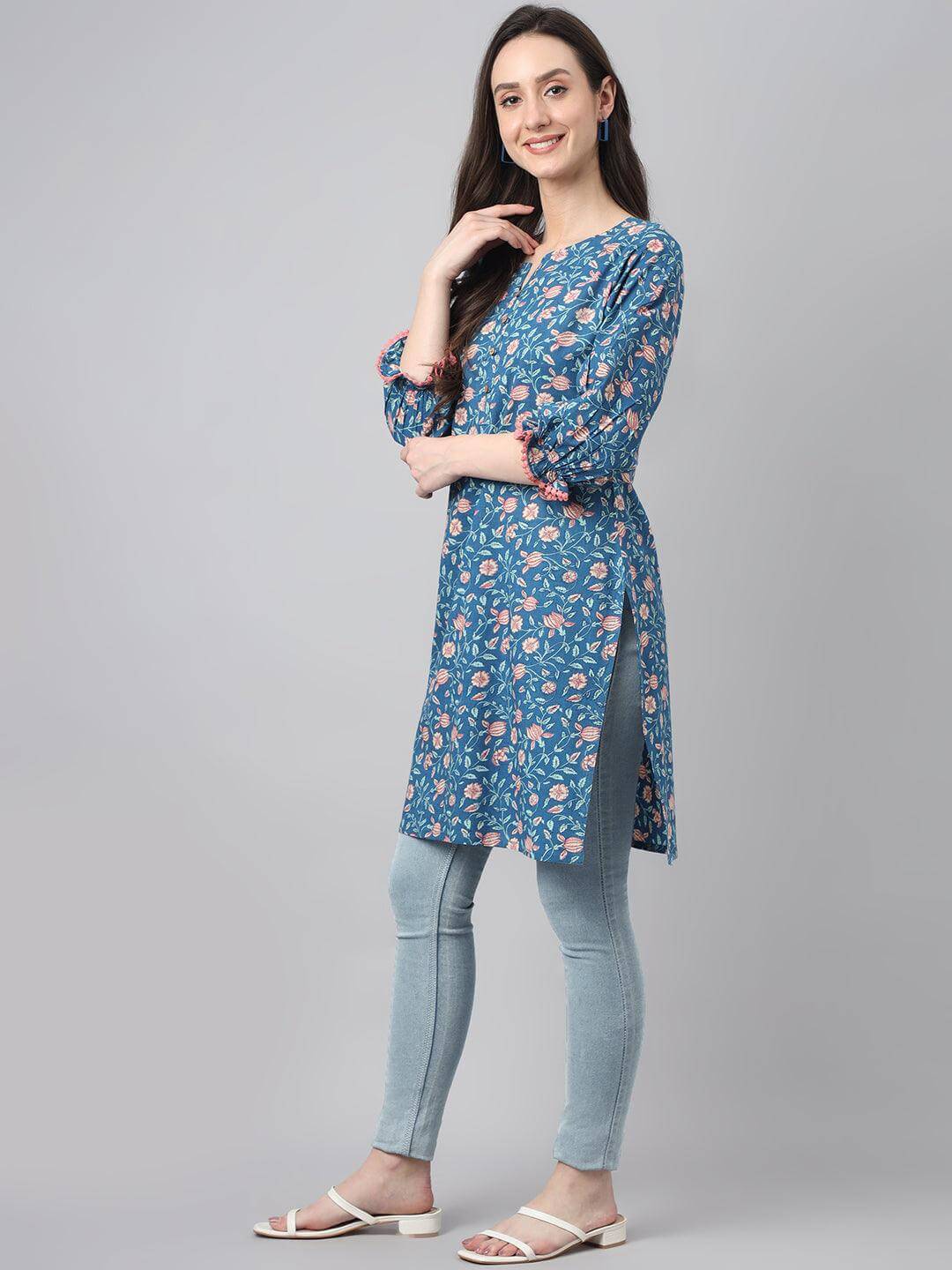 Blue Cotton Floral Print Regular Tunic