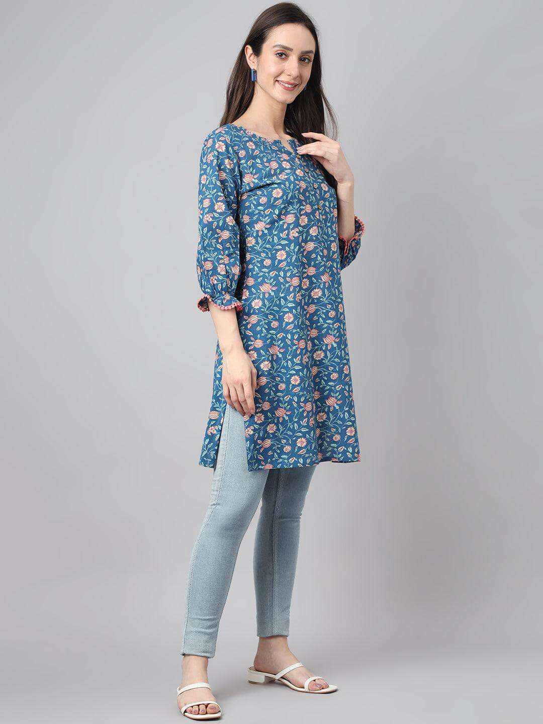 Blue Cotton Floral Print Regular Tunic