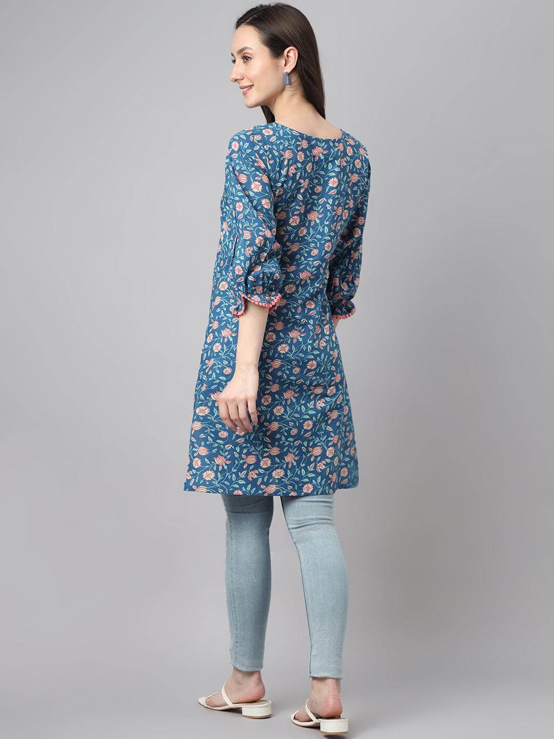 Blue Cotton Floral Print Regular Tunic