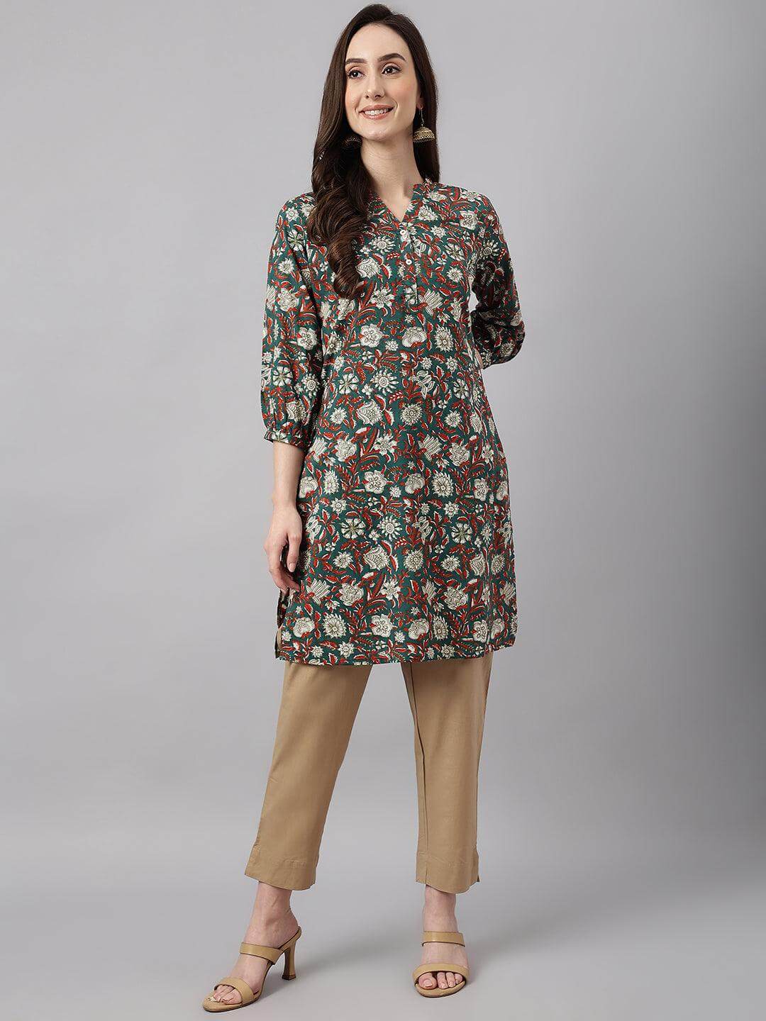 Women's DarkGreen Cotton Floral Print Regular Tunic