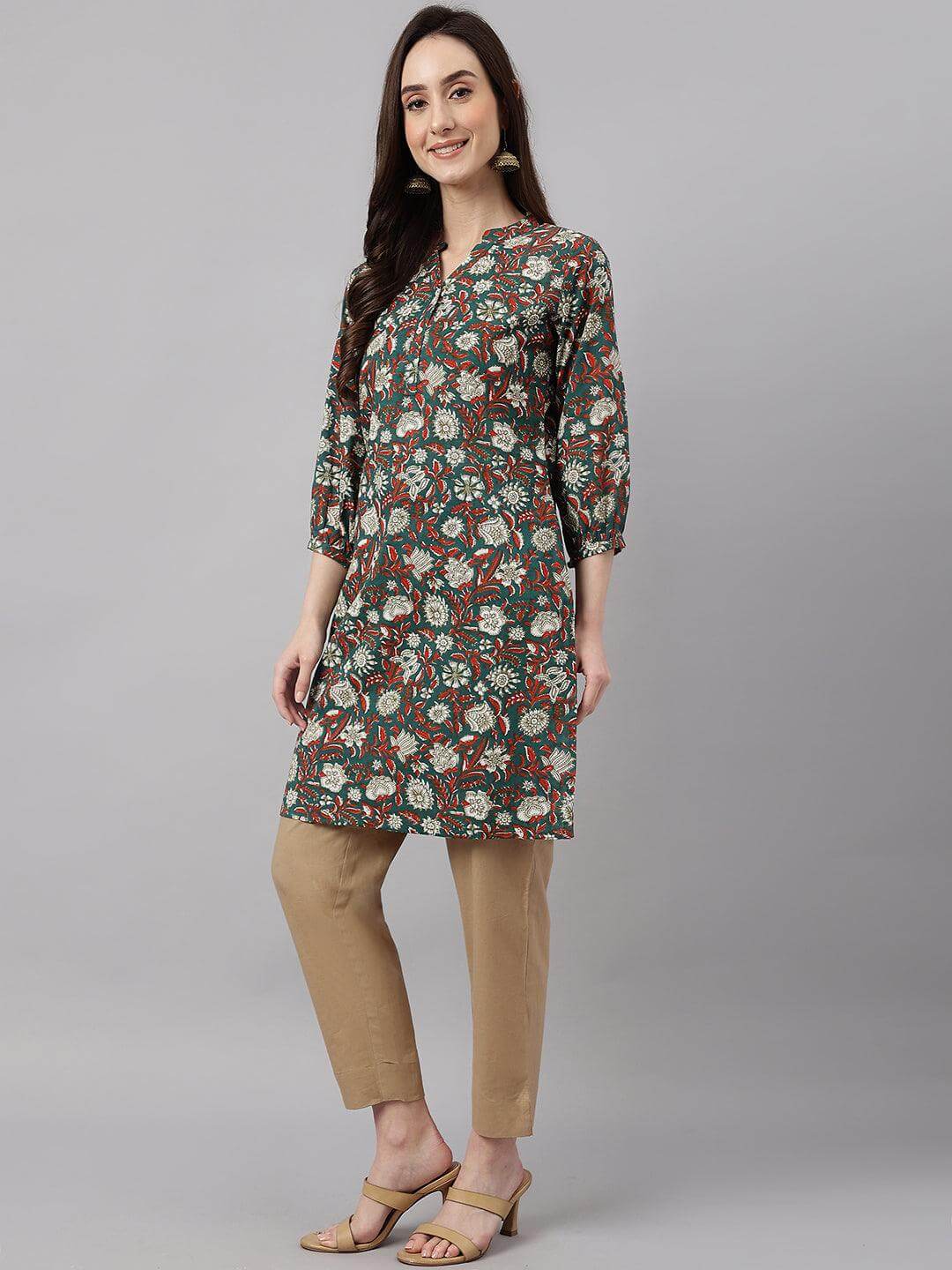 Women's DarkGreen Cotton Floral Print Regular Tunic