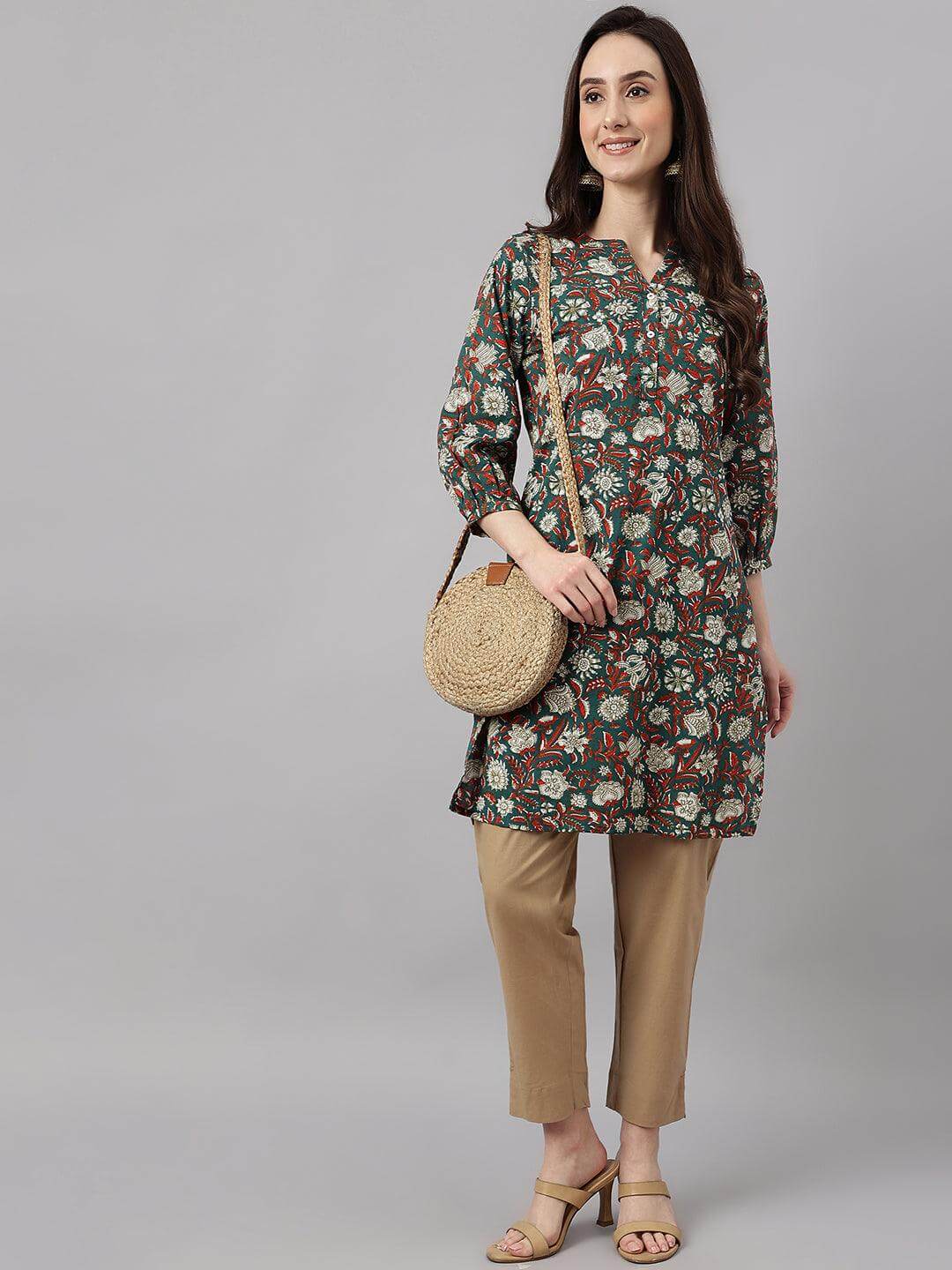 Women's DarkGreen Cotton Floral Print Regular Tunic