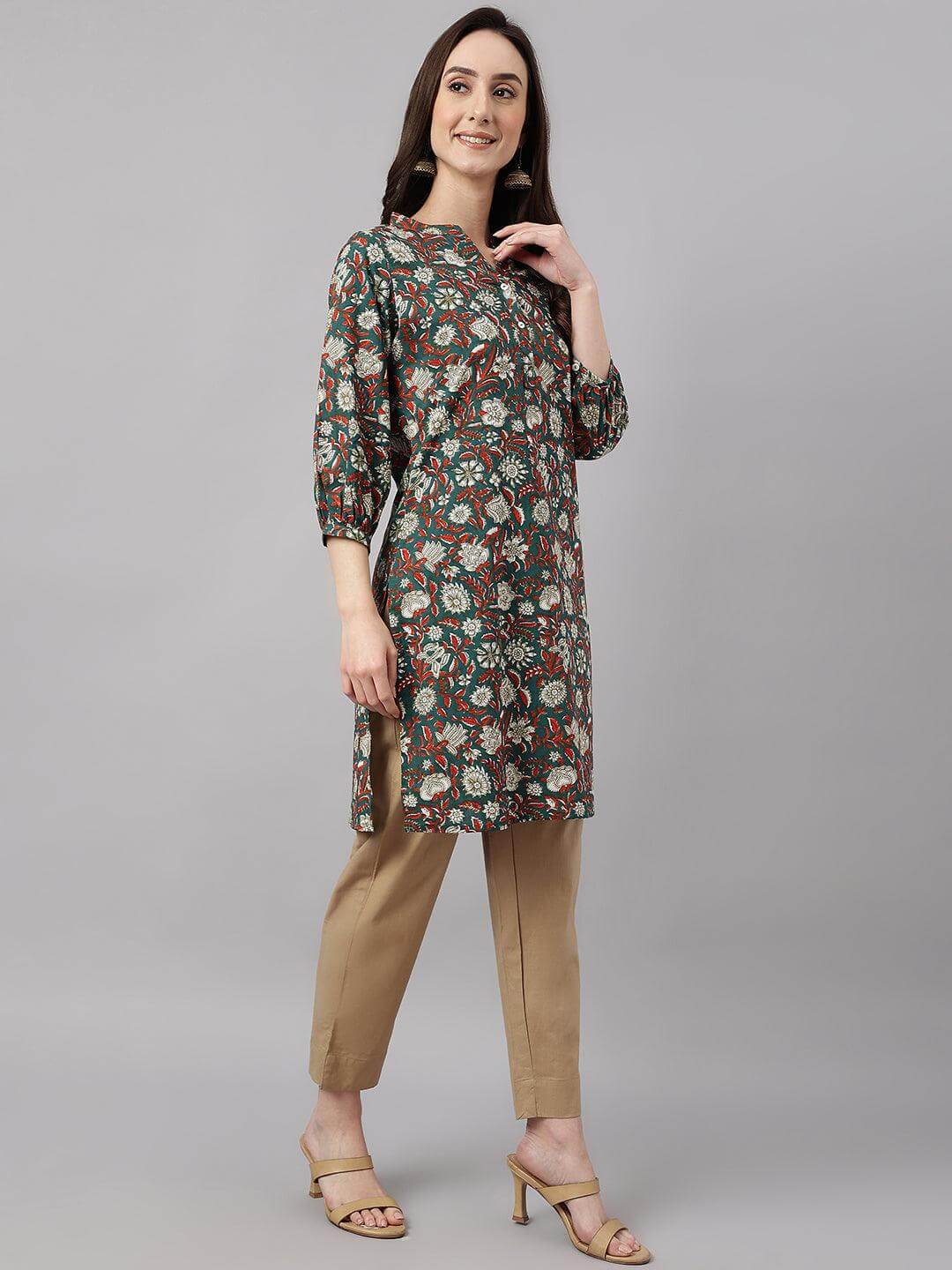 Women's DarkGreen Cotton Floral Print Regular Tunic