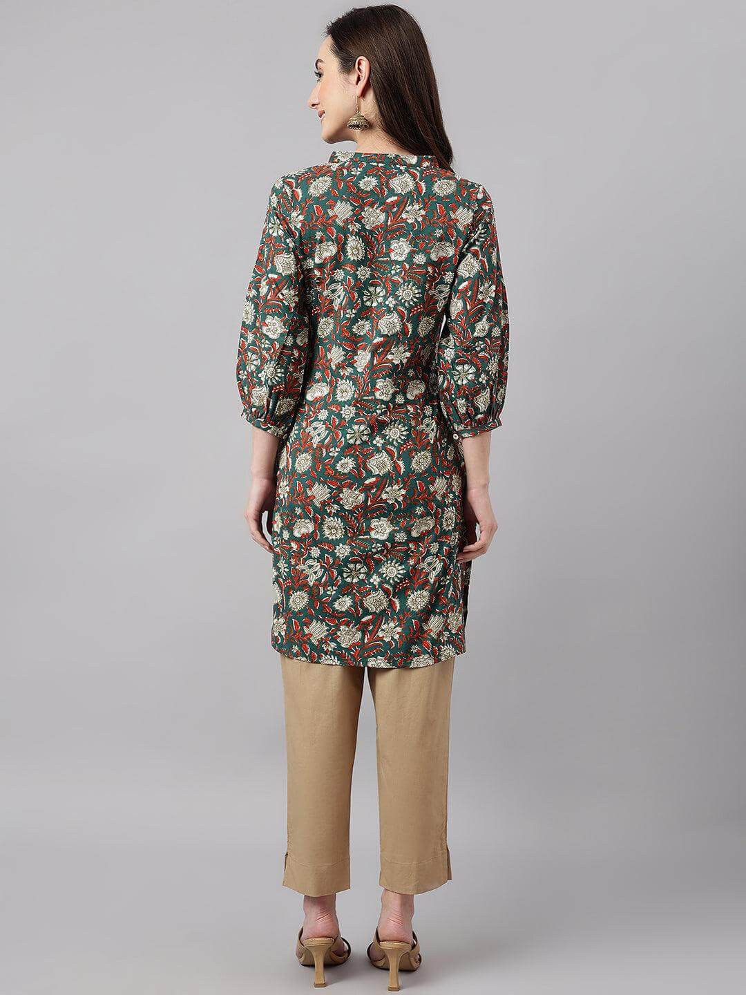 Women's DarkGreen Cotton Floral Print Regular Tunic