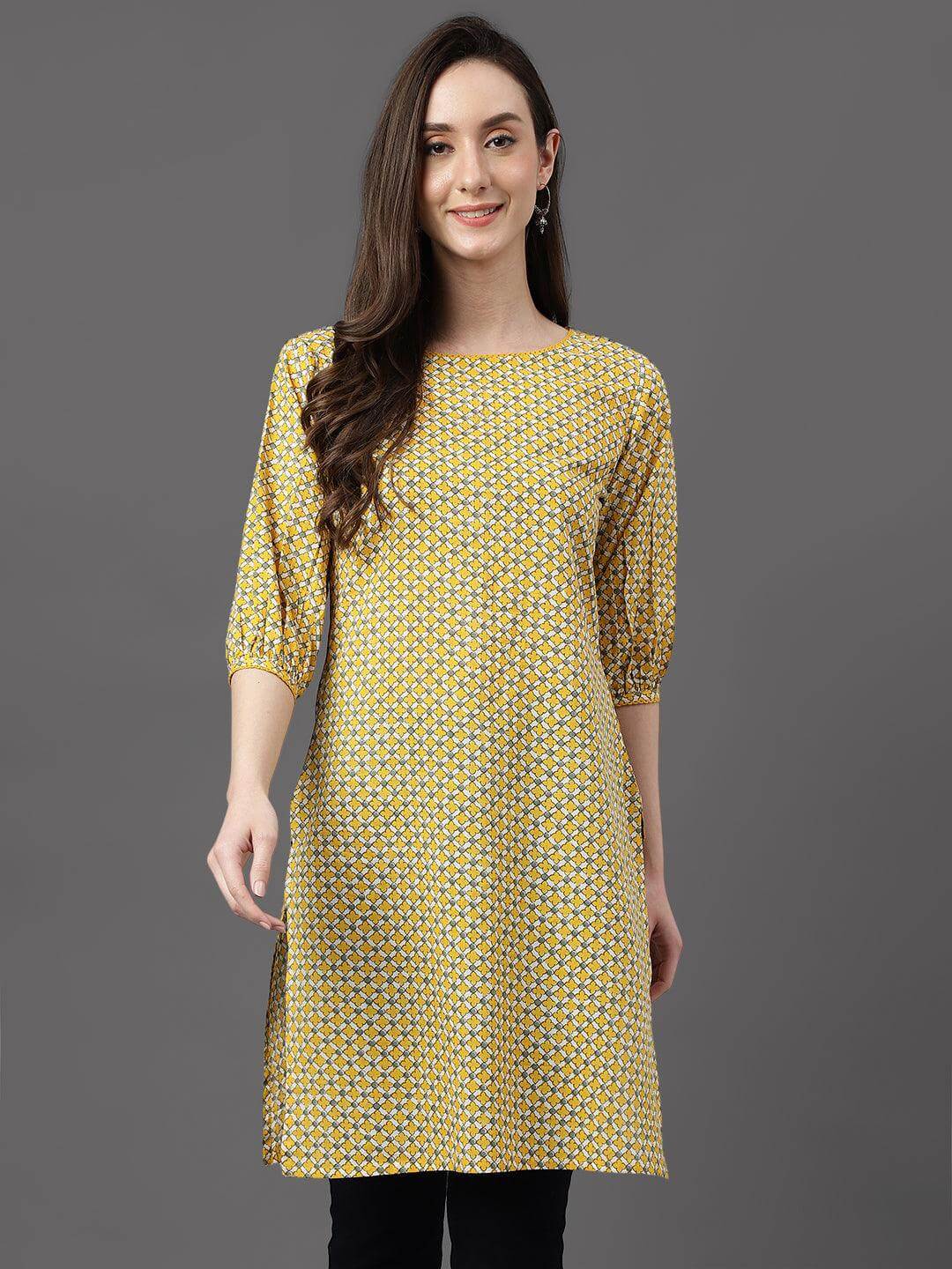 Yellow Cotton Ethnic Motifs Regular Tunic